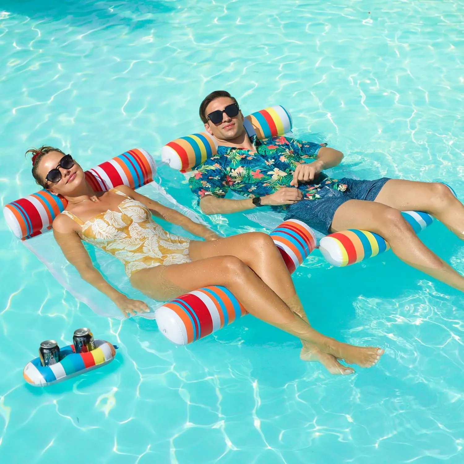 FindUWill 2 Pack Pool Floats with Drink Holder, XL, Inflatable Water Hammock Floaties Multi Purpose 4-in-1 (Saddle, Lounge Chair, Hammock, Drifter), Pool Float Lounger for Adults