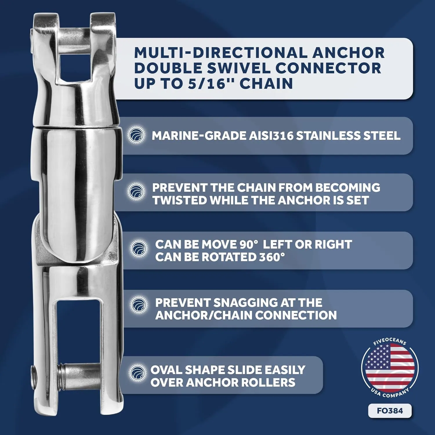 Five Oceans 316 Stainless Steel Multidirectional Boat Anchor Swivel, Anchor Chain Swivel Connector, 360-Degree Rotation, Marine-Grade