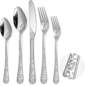 Floral Silverware Set 6 Silvery Flatware Stainless Steel with Delicate Engraved Rose Flower Embossed Design Complete 30 Piece Cutlery for Restaurant Utensils Home Kitchen Daily Use