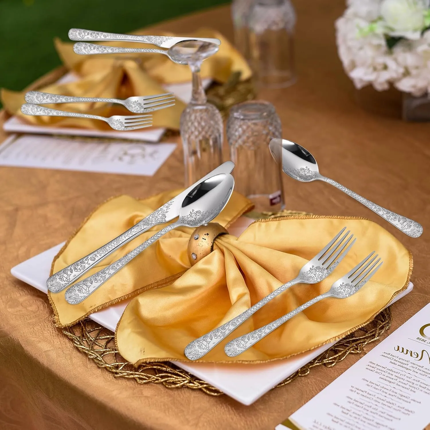 Floral Silverware Set 6 Silvery Flatware Stainless Steel with Delicate Engraved Rose Flower Embossed Design Complete 30 Piece Cutlery for Restaurant Utensils Home Kitchen Daily Use