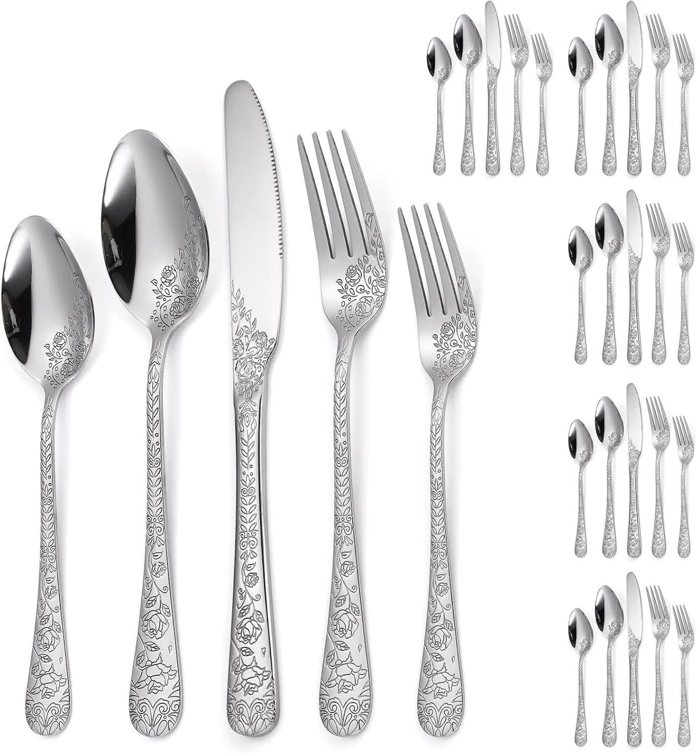 Floral Silverware Set 6 Silvery Flatware Stainless Steel with Delicate Engraved Rose Flower Embossed Design Complete 30 Piece Cutlery for Restaurant Utensils Home Kitchen Daily Use