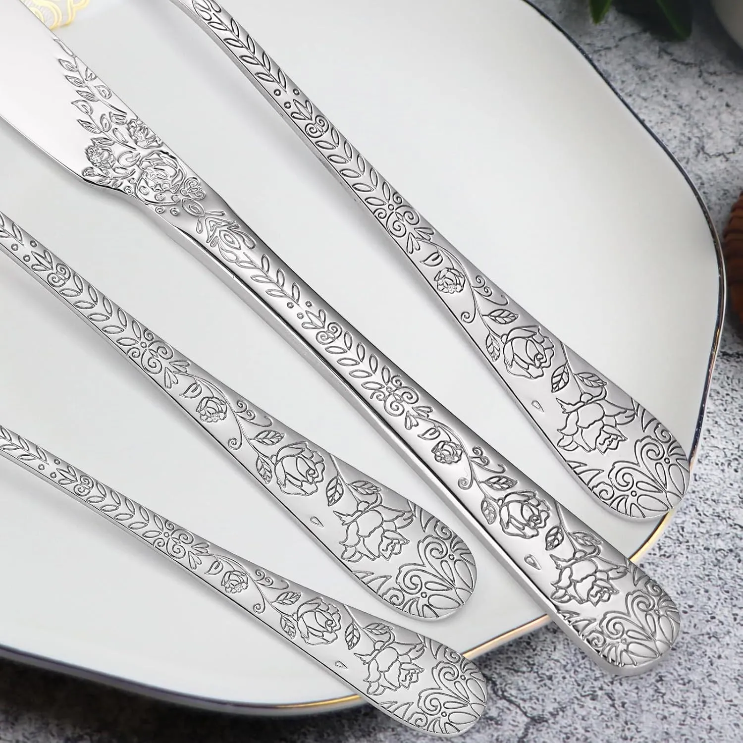 Floral Silverware Set 6 Silvery Flatware Stainless Steel with Delicate Engraved Rose Flower Embossed Design Complete 30 Piece Cutlery for Restaurant Utensils Home Kitchen Daily Use