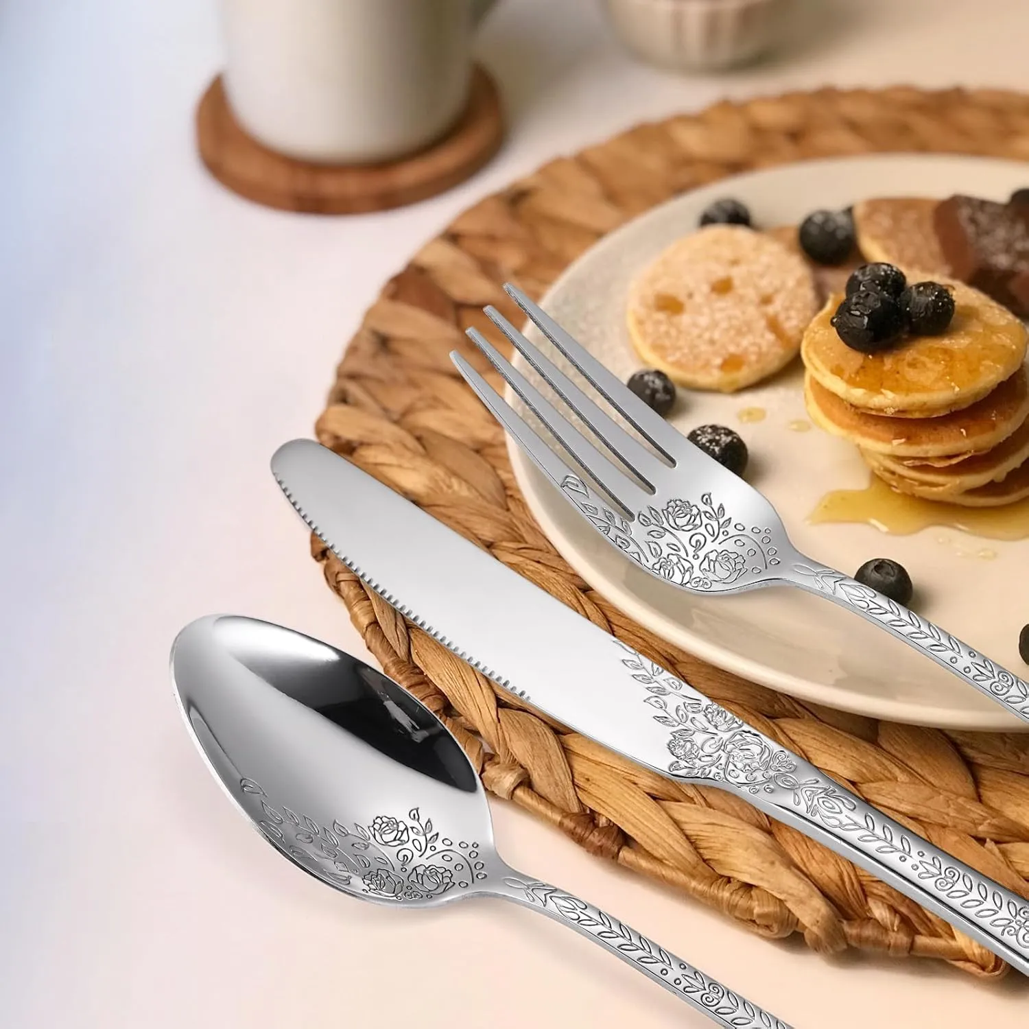 Floral Silverware Set 6 Silvery Flatware Stainless Steel with Delicate Engraved Rose Flower Embossed Design Complete 30 Piece Cutlery for Restaurant Utensils Home Kitchen Daily Use