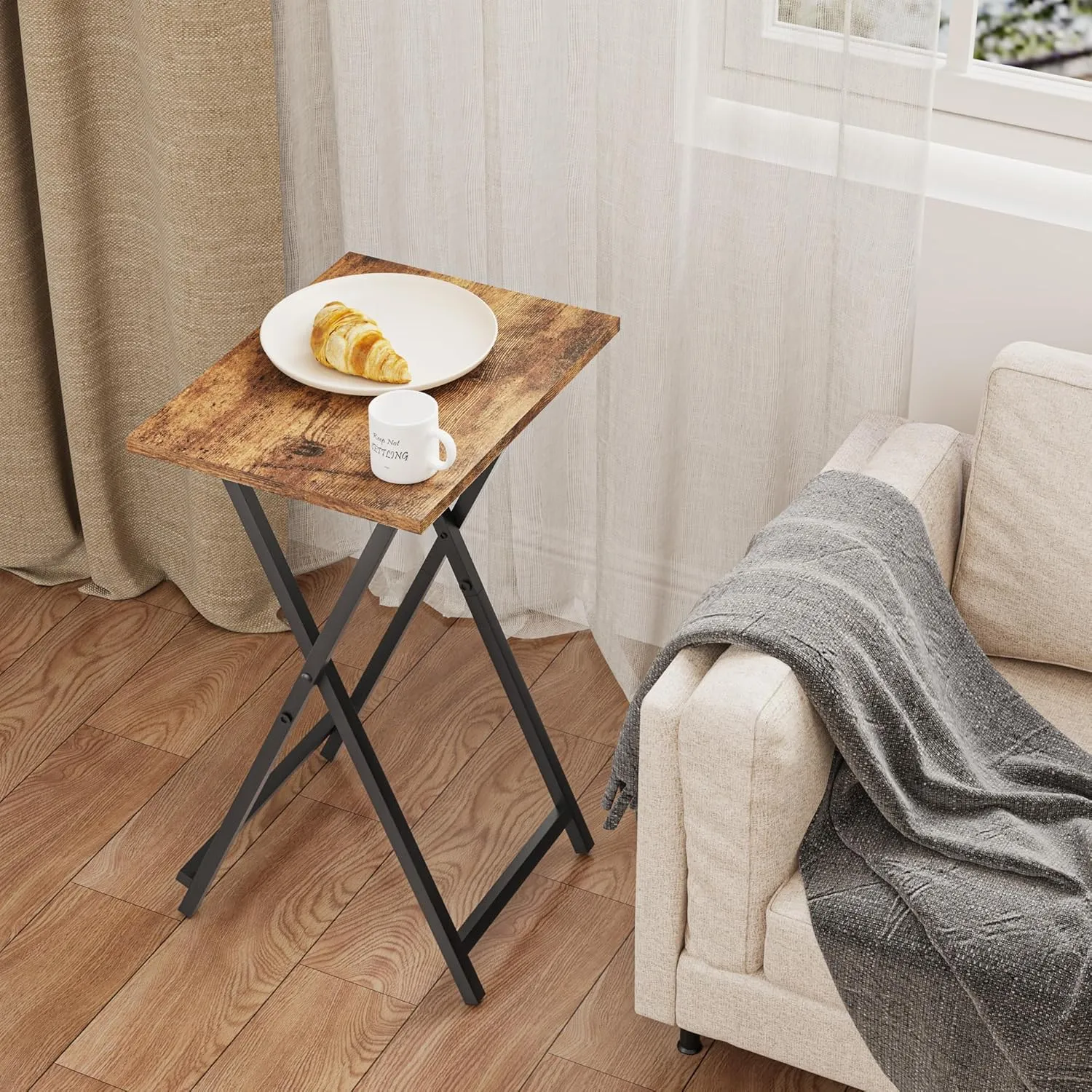 Foldable TV Trays, Small Folding Table, TV Trays Set of 2, TV Dinner Tray, Side Table for Bed, Couch, Portable Easy to Move, Brown