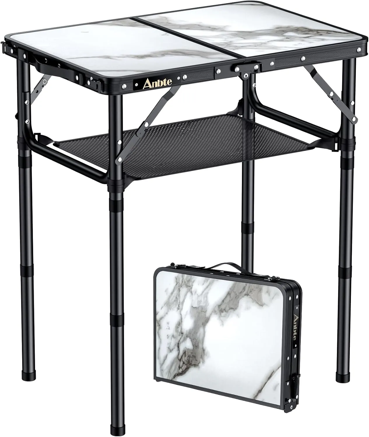 Folding Camping Table with Storage Net, 3 Adjustable Height Max 27.5" Aluminum Small Folding Table, Portable Table with Carry Handle, Lightweight, for Outdoor Indoor Travel Camping Picnic