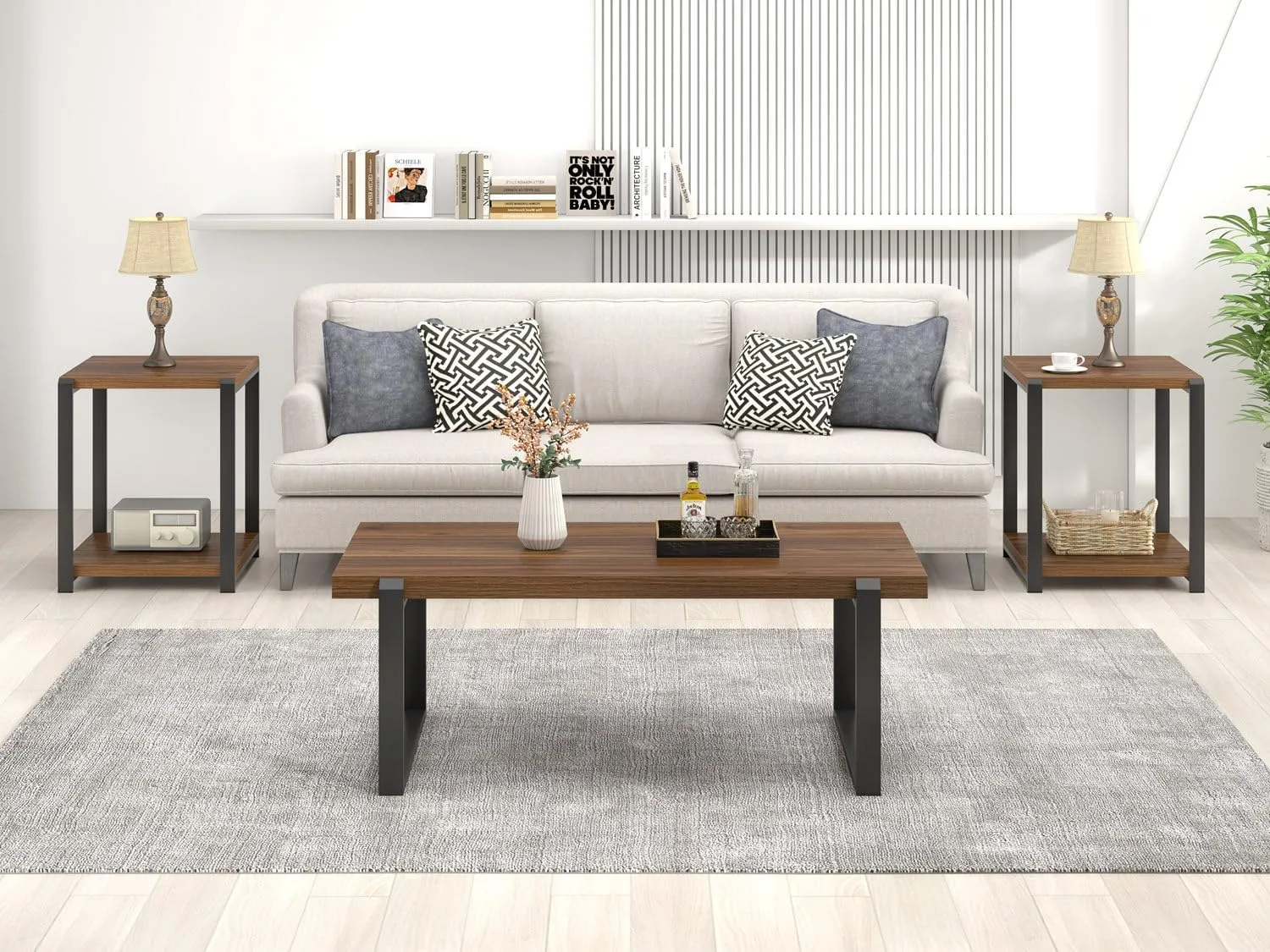 FOLUBAN Modern Coffee Table, Rustic Wood and Metal Center Table, Industrial Rectangle Cocktail Tea Table for Living Room, Walnut, 44 Inch