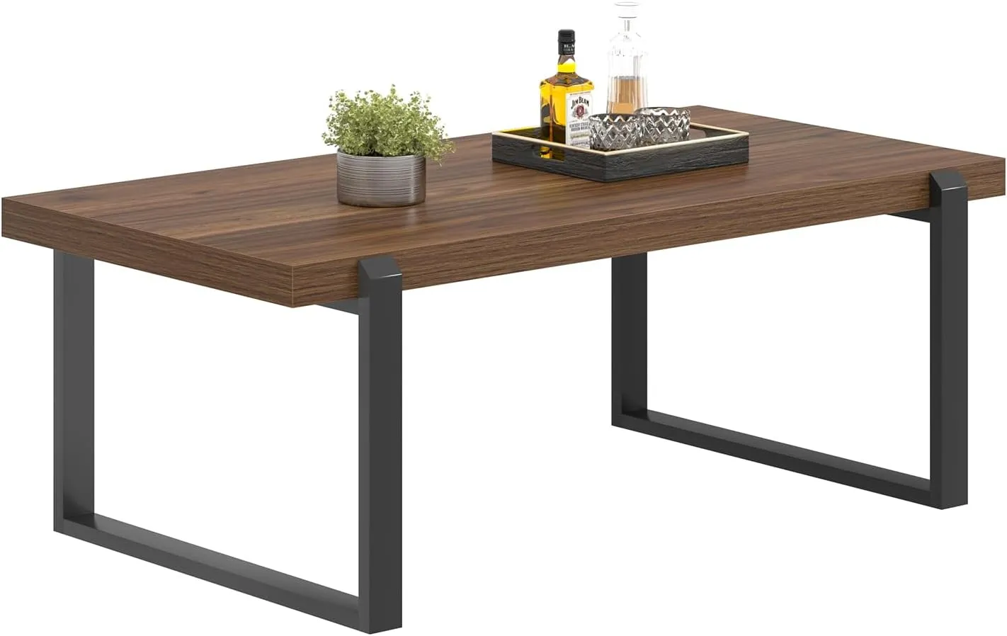 FOLUBAN Modern Coffee Table, Rustic Wood and Metal Center Table, Industrial Rectangle Cocktail Tea Table for Living Room, Walnut, 44 Inch