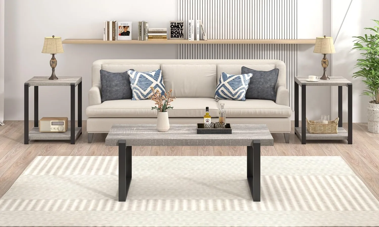 FOLUBAN Modern Coffee Table, Rustic Wood and Metal Center Table, Retro Small Cocktail Tea Table for Living Room, Light Grey, 44 Inch