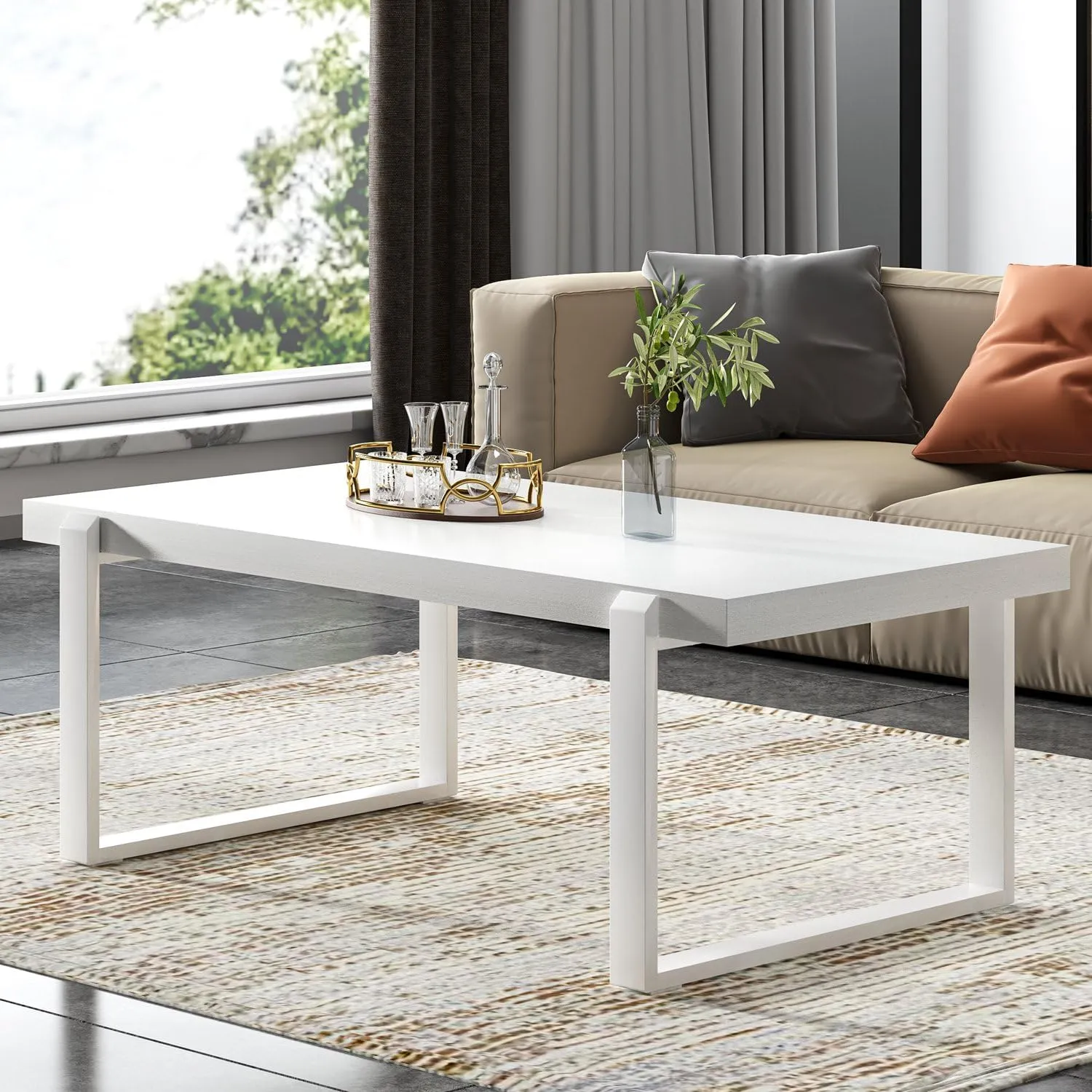FOLUBAN White Coffee Table, Modern Rustic Wood and Metal Center Table, Rectangle Cocktail Tea Table for Living Room, 47 Inch