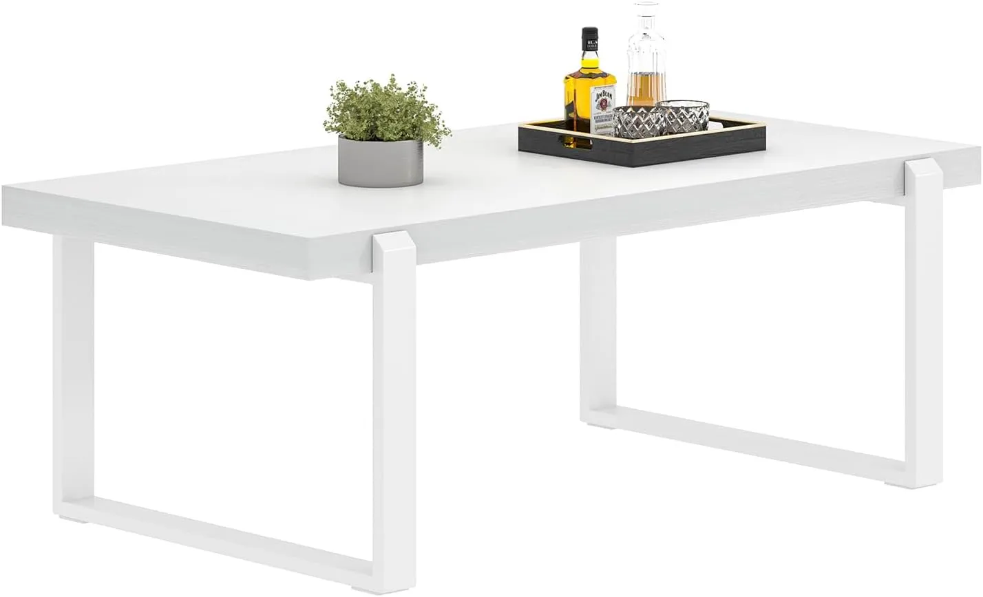 FOLUBAN White Coffee Table, Modern Rustic Wood and Metal Center Table, Rectangle Cocktail Tea Table for Living Room, 47 Inch