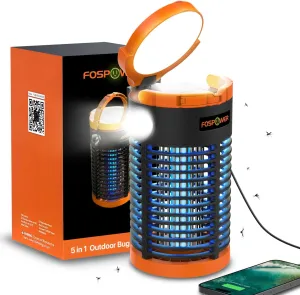 FosPower Bug Zapper Outdoor & Indoor (5-in-1) 3300V Mosquito Zapper with 29600mWh Power Bank, Rechargeable USB/Solar Charging, Flashlight, Reading Light, SOS Signal for Patio, Camping Essentials