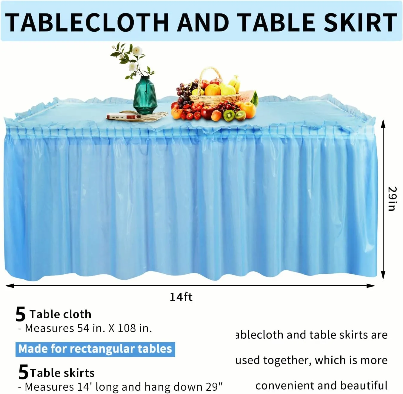 Frtzal 5 Pack Plastic Table Skirts & Cloths - Rectangle Tables, 54" x 108", Blue, Party, Birthday, Baby Shower