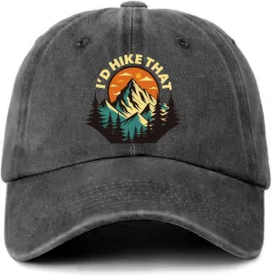 Funny Hiking Hat I'd Hike That Retro Mountains Printed Baseball Cap Classic Cotton Adjustable Washed Baseball Hat for Men Women Great Trucker Hat Gift for Dad Mom Friend Camper Hiking Lover