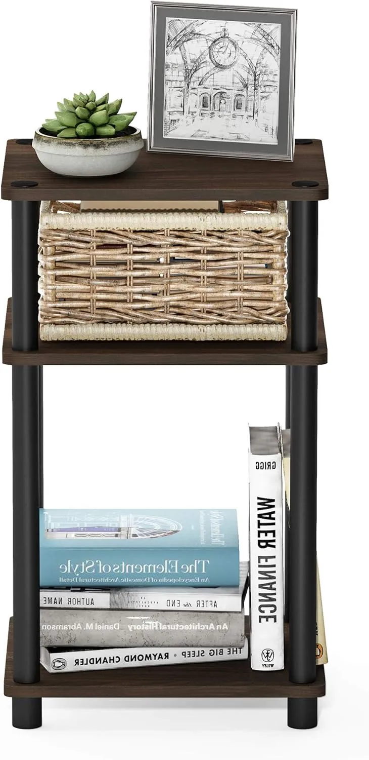 Furinno Just 3-Tier Turn-N-Tube End Table / Side Table / Night Stand / Bedside Table with Plastic Poles, 1-Pack, Columbia Walnut/Black