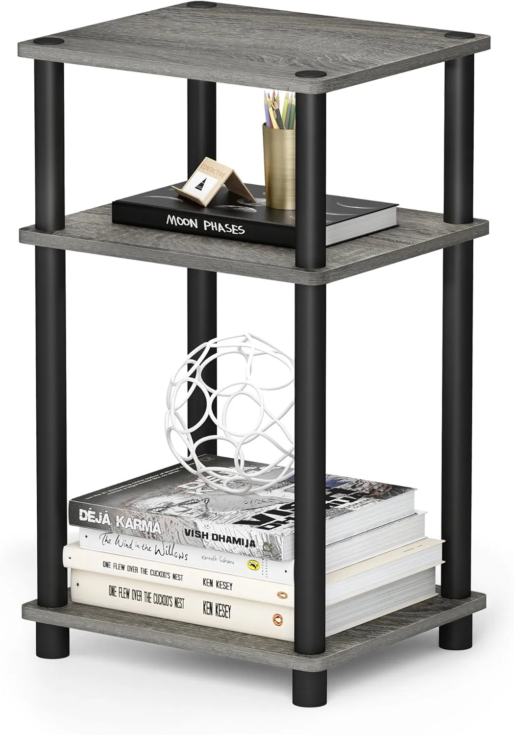 Furinno Just 3-Tier Turn-N-Tube End Table / Side Table / Night Stand / Bedside Table with Plastic Poles, 1-Pack, French Oak Grey/Black