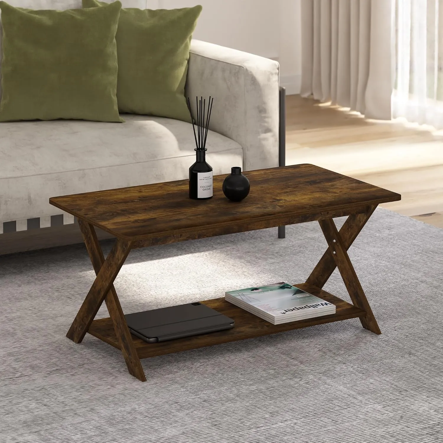 Furinno Modern Simplistic Criss-Crossed Coffee Table, Amber Pine
