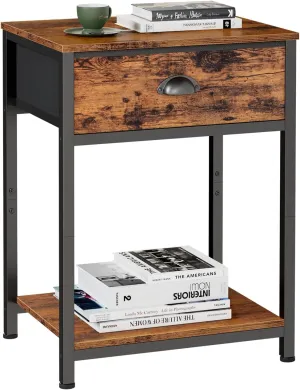 Furologee End Table with Storage Shelf and Fabric Drawer, 2 Tiers Industrial Nightstand, Bedside Table Organizer for Living Room Bedroom, Rustic Brown, Easy Assembly