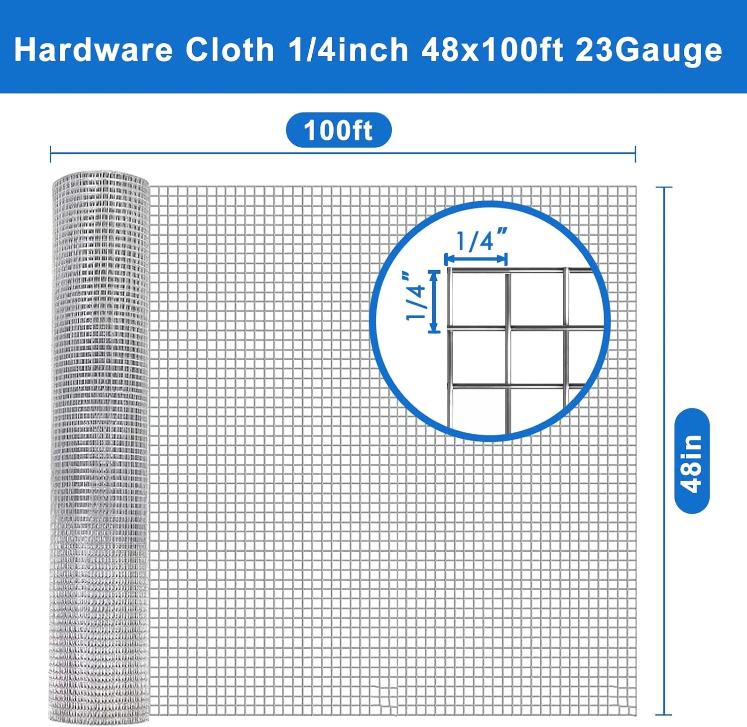 Galvanized Hardware Cloth 1/4 inch 48 x 100 ft 23 Gauge, Rust-Resistant Chicken Wire Mesh Roll for Reliable Garden Fencing, Snake Fence, and Gopher Barrier Solutions