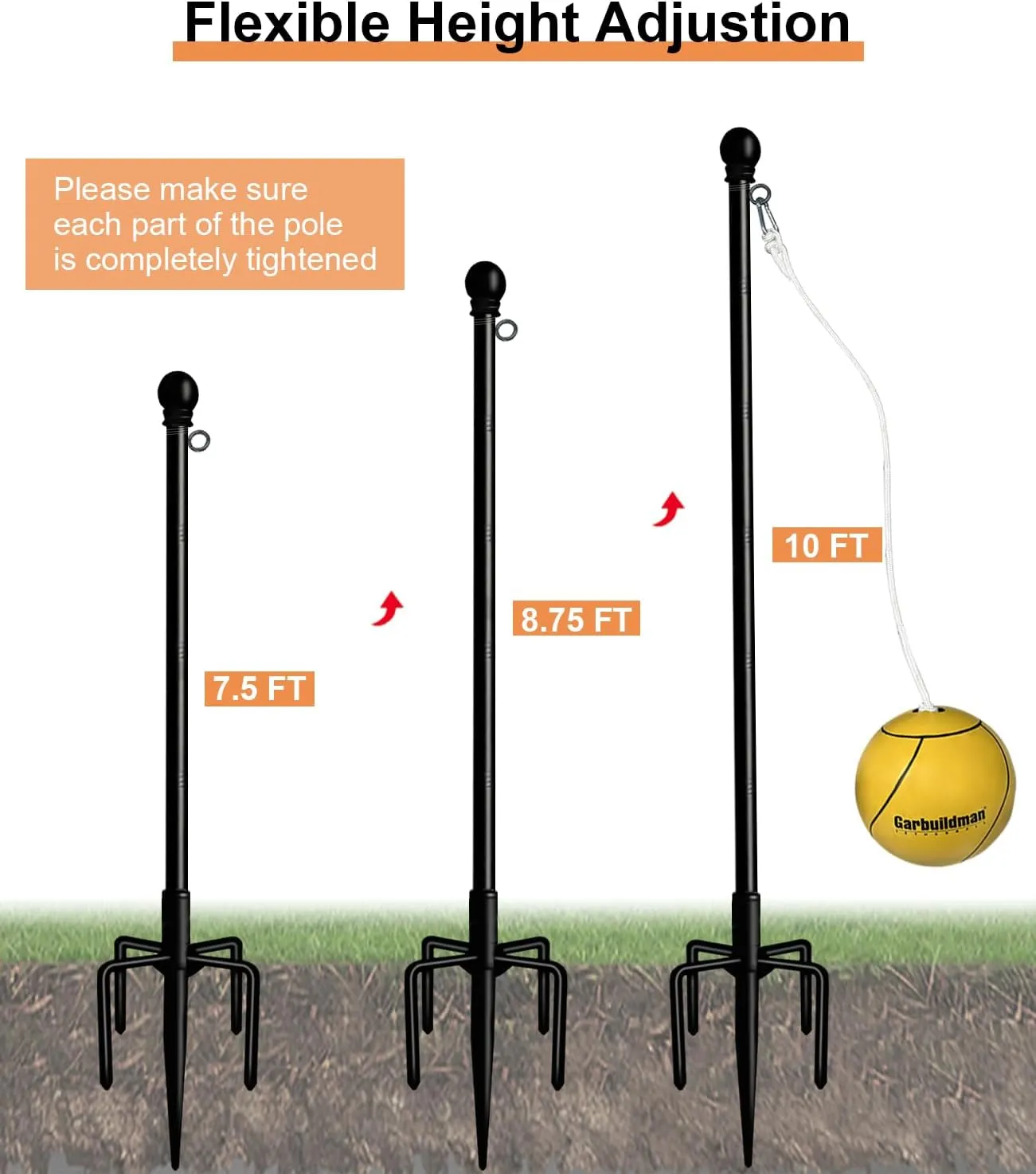 Garbuildman Tetherball Set with Ball & Rope for Outdoor Backyard, Adjustable Tether Ball Pole with Reinforced 5-Prong Base for Playground, Outside Ball Games Sports for Kids & Adults, Black