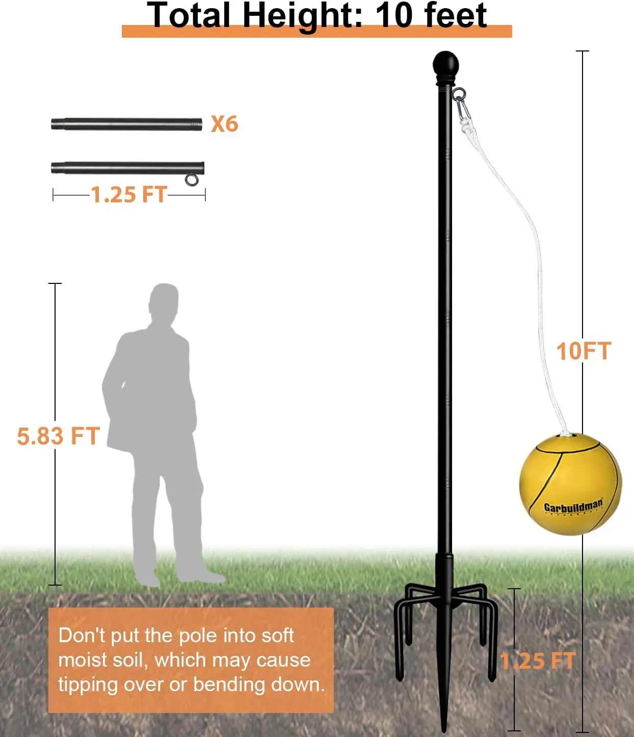 Garbuildman Tetherball Set with Ball & Rope for Outdoor Backyard, Adjustable Tether Ball Pole with Reinforced 5-Prong Base for Playground, Outside Ball Games Sports for Kids & Adults, Black