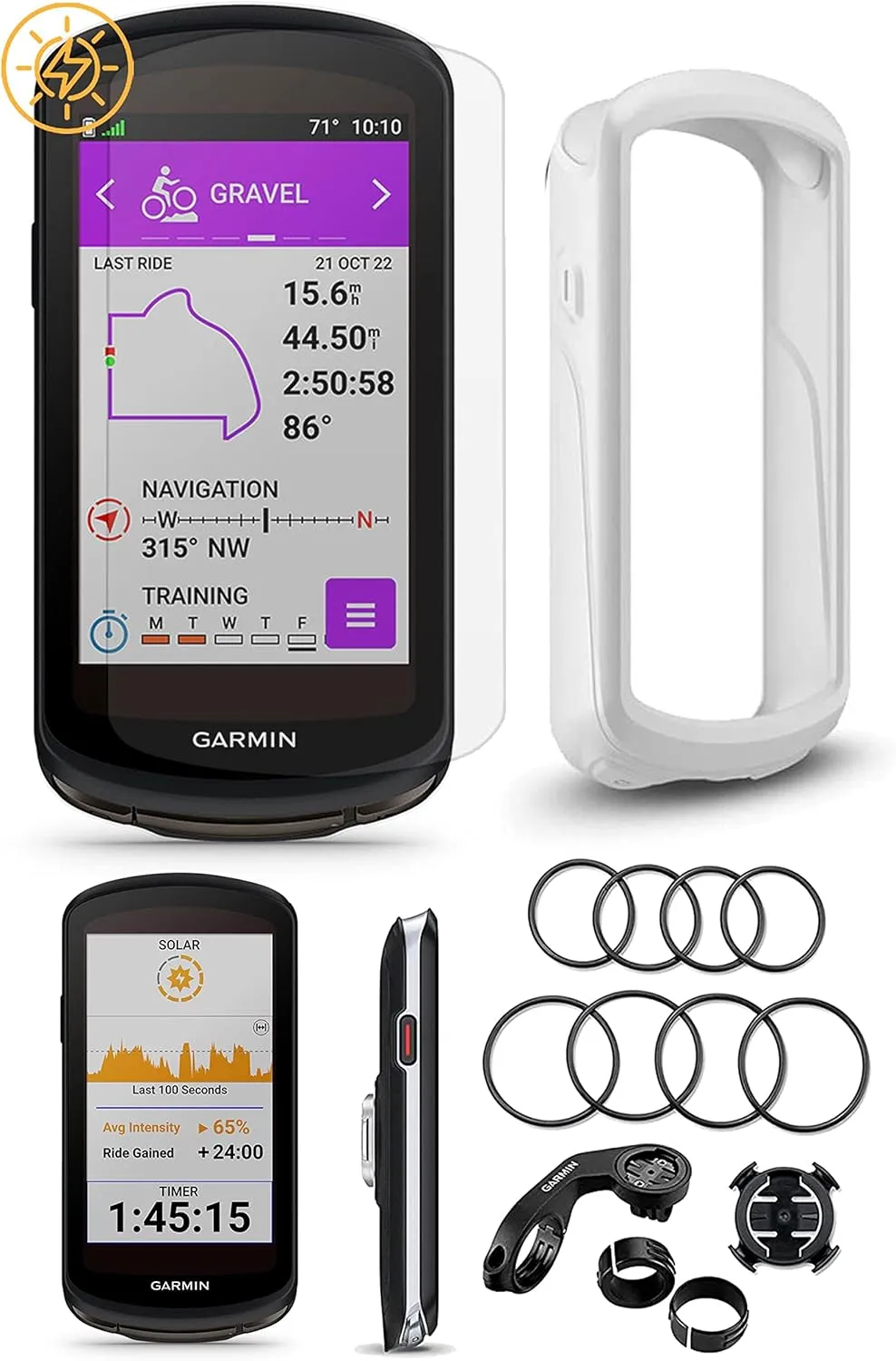 Garmin Edge 1040 (Solar) GPS Bike Computer Bundle - VO2 Max, Maps, & Multi-GNSS - includes PlayBetter Tempered Glass Screens, Silicone Case (White) & MTB Mounts