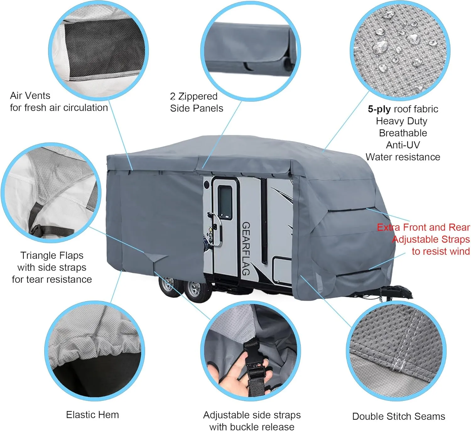 GEARFLAG Travel Trailer Cover for Motorhome Multi-Layers fits 17' - 19' with Reinforced Windproof Side-Straps Anti-UV Water-Resistance Heavy Duty (Fits 17' - 19') - Ideal for rv & Trailer Covers