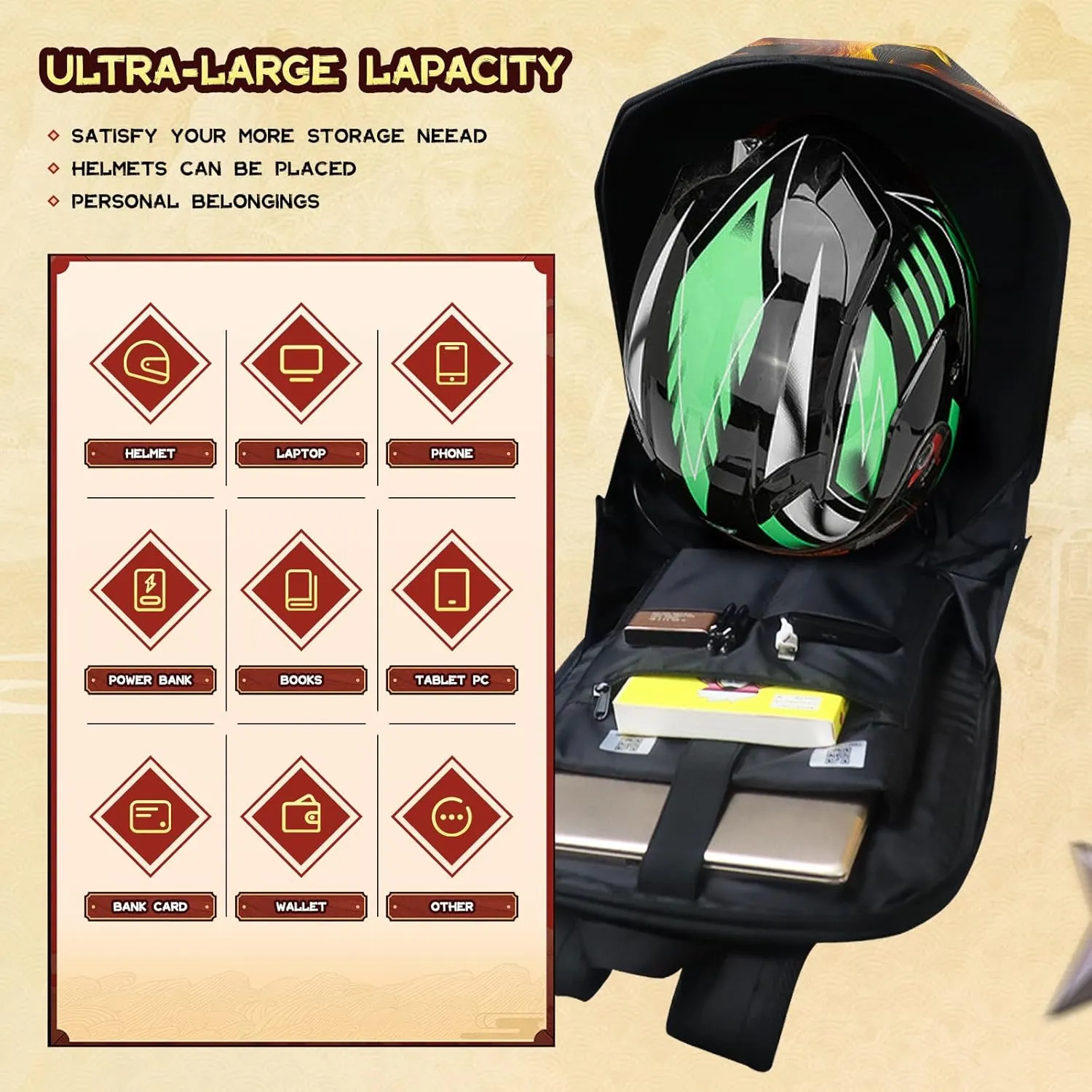 Gelrova Motorcycle Backpack for Men, LED Backpack with Programmable Screen, Hard Shell Large Capacity Waterproof Helmet Bag Laptop Backpack, Large Size 19inch, Flaming Knight