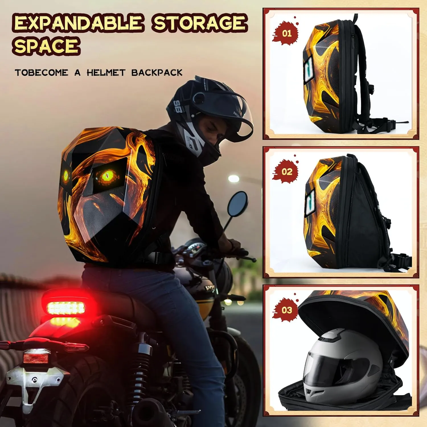 Gelrova Motorcycle Backpack for Men, LED Backpack with Programmable Screen, Hard Shell Large Capacity Waterproof Helmet Bag Laptop Backpack, Large Size 19inch, Flaming Knight