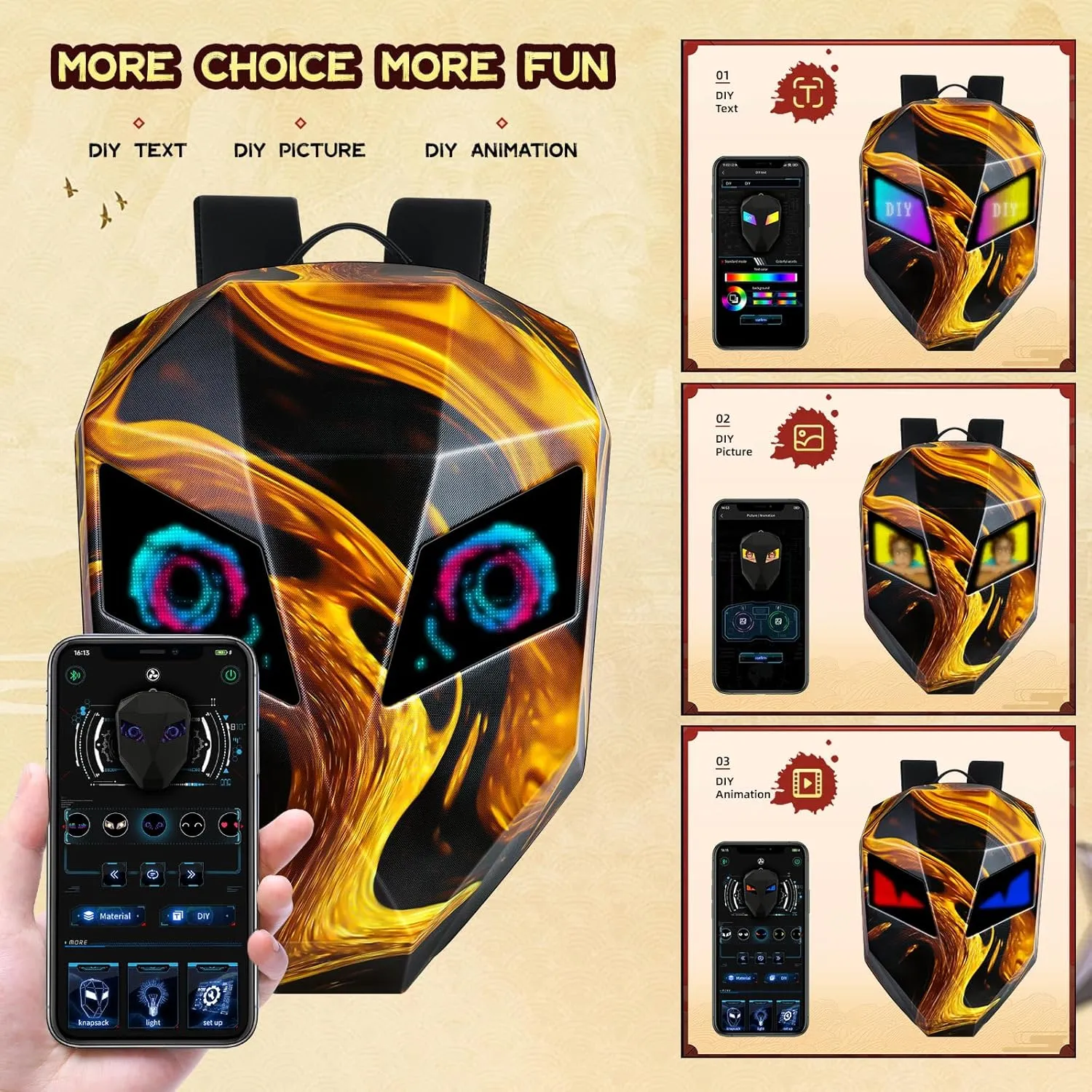 Gelrova Motorcycle Backpack for Men, LED Backpack with Programmable Screen, Hard Shell Large Capacity Waterproof Helmet Bag Laptop Backpack, Large Size 19inch, Flaming Knight