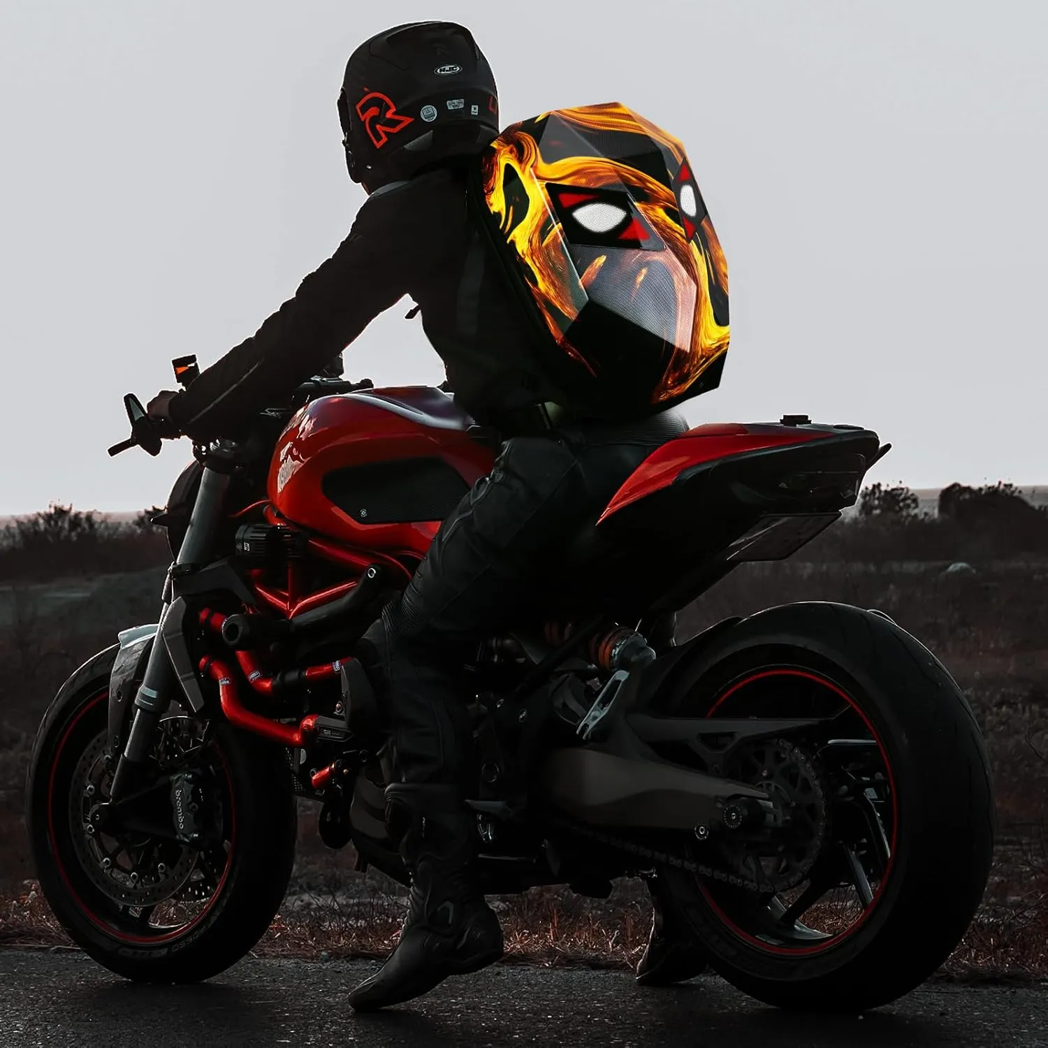 Gelrova Motorcycle Backpack for Men, LED Backpack with Programmable Screen, Hard Shell Large Capacity Waterproof Helmet Bag Laptop Backpack, Large Size 19inch, Flaming Knight