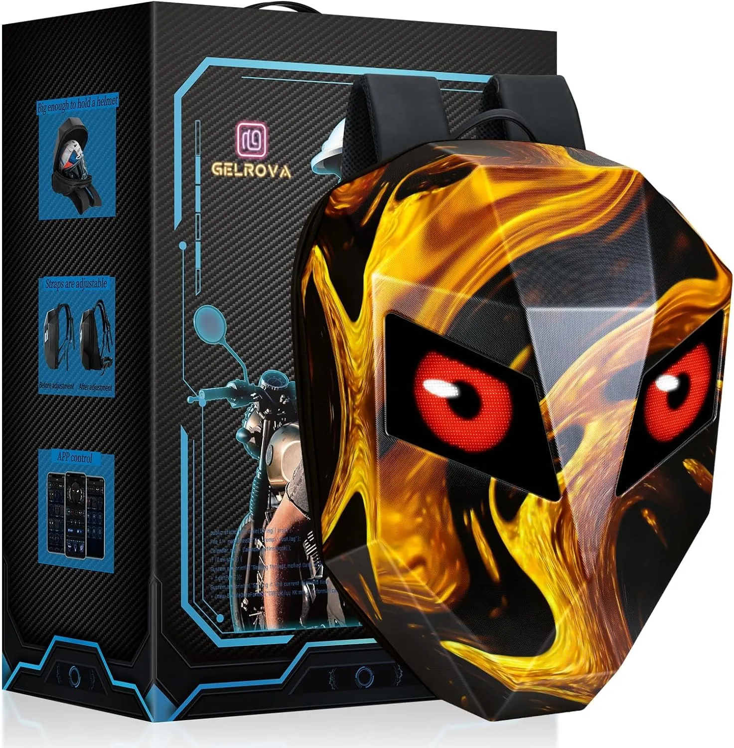 Gelrova Motorcycle Backpack for Men, LED Backpack with Programmable Screen, Hard Shell Large Capacity Waterproof Helmet Bag Laptop Backpack, Large Size 19inch, Flaming Knight