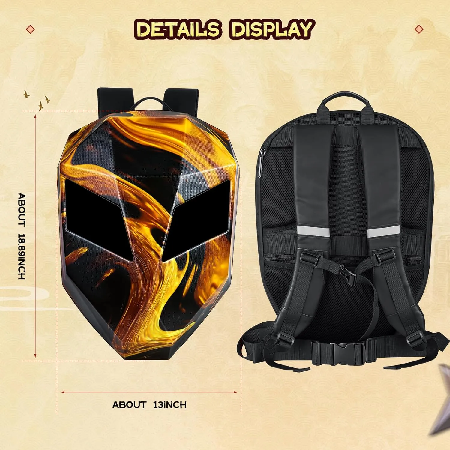 Gelrova Motorcycle Backpack for Men, LED Backpack with Programmable Screen, Hard Shell Large Capacity Waterproof Helmet Bag Laptop Backpack, Large Size 19inch, Flaming Knight
