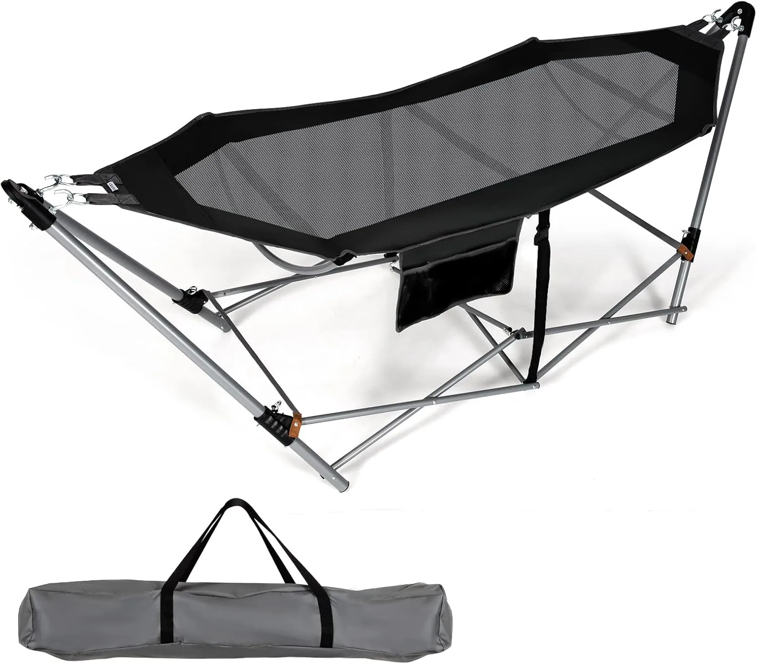 Giantex Portable Folding Hammock, Lounge Camping Bed with Hammock Stand, Indoor & Outdoor Hammocks w/Side Pocket, Anti-tip Buckles & Iron Stand for Camping Outdoor Patio Yard Beach (Black)