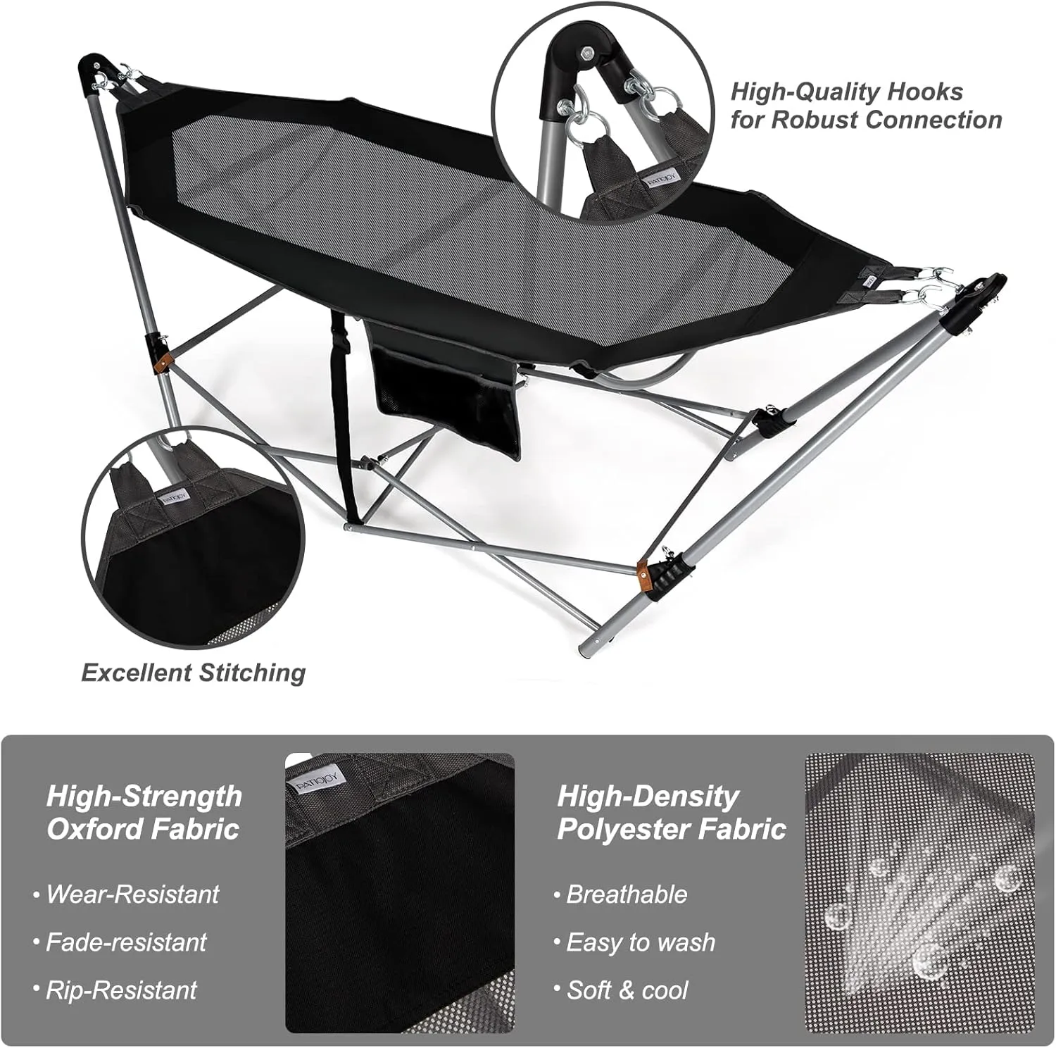 Giantex Portable Folding Hammock, Lounge Camping Bed with Hammock Stand, Indoor & Outdoor Hammocks w/Side Pocket, Anti-tip Buckles & Iron Stand for Camping Outdoor Patio Yard Beach (Black)