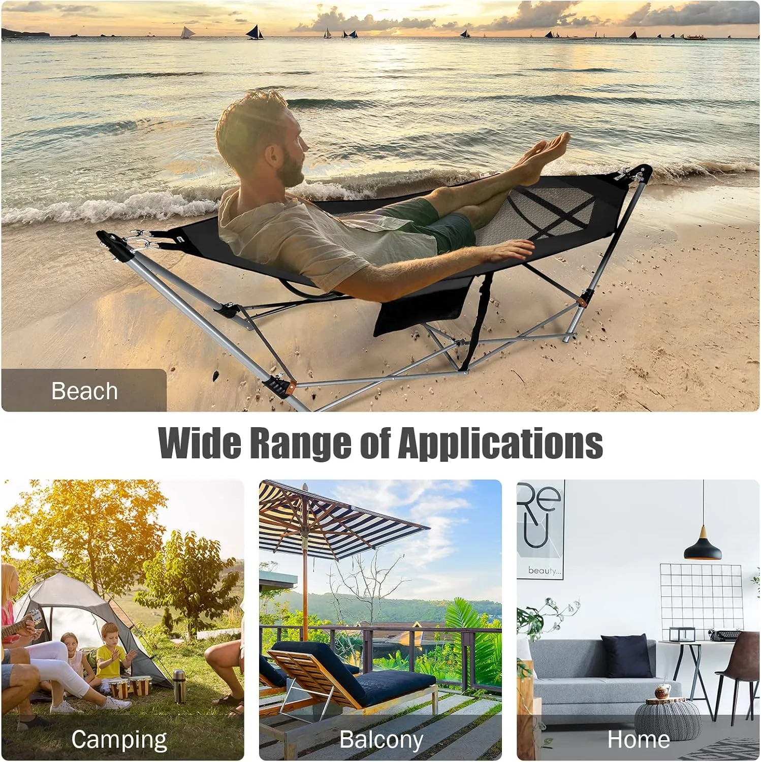 Giantex Portable Folding Hammock, Lounge Camping Bed with Hammock Stand, Indoor & Outdoor Hammocks w/Side Pocket, Anti-tip Buckles & Iron Stand for Camping Outdoor Patio Yard Beach (Black)