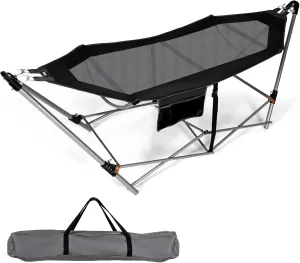 Giantex Portable Folding Hammock, Lounge Camping Bed with Hammock Stand, Indoor & Outdoor Hammocks w/Side Pocket, Anti-tip Buckles & Iron Stand for Camping Outdoor Patio Yard Beach (Black)