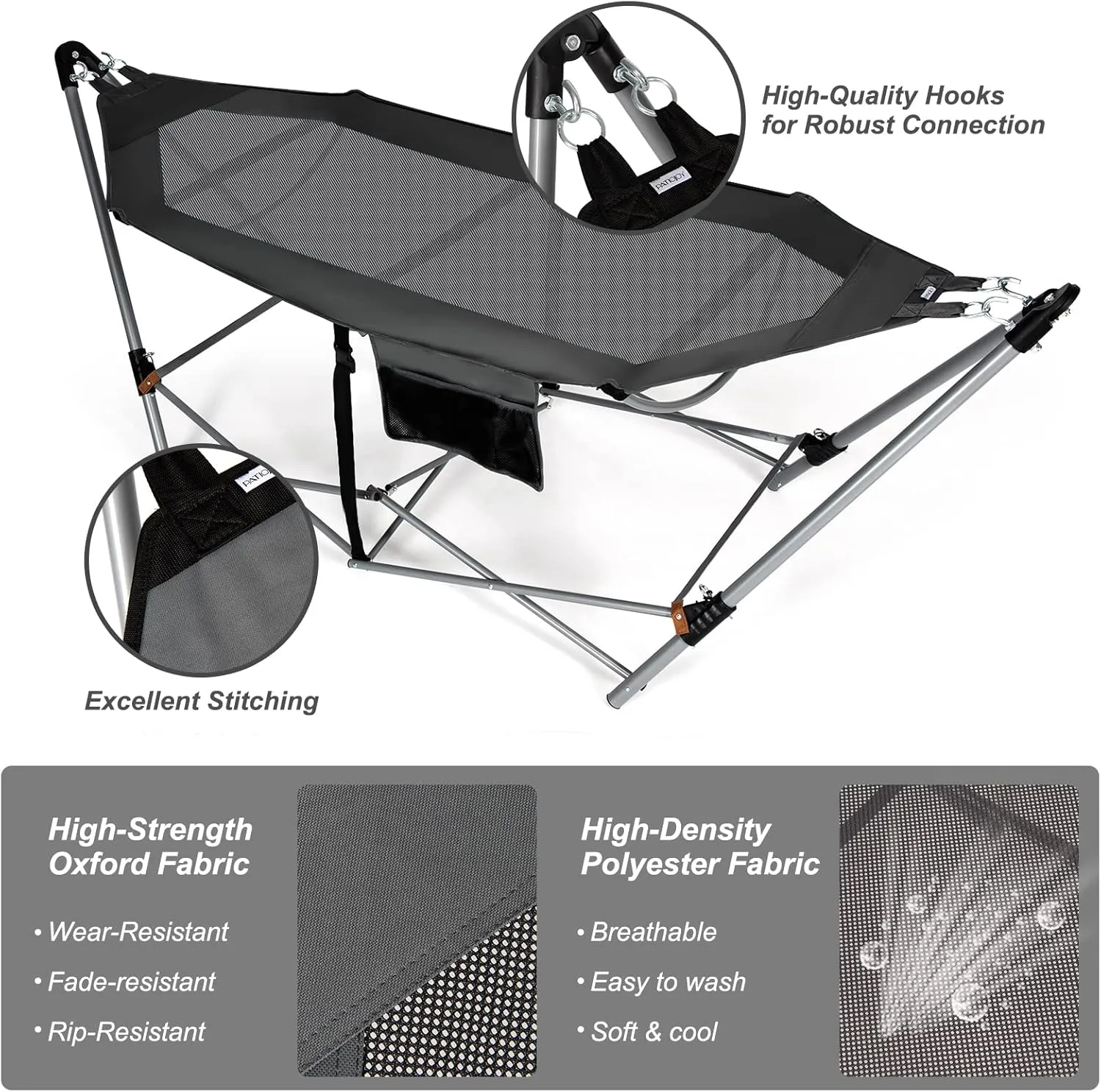 Giantex Portable Folding Hammock, Lounge Camping Bed with Hammock Stand, Indoor & Outdoor Hammocks w/Side Pocket, Anti-tip Buckles & Iron Stand for Camping Outdoor Patio Yard Beach (Grey)