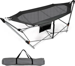 Giantex Portable Folding Hammock, Lounge Camping Bed with Hammock Stand, Indoor & Outdoor Hammocks w/Side Pocket, Anti-tip Buckles & Iron Stand for Camping Outdoor Patio Yard Beach (Grey)