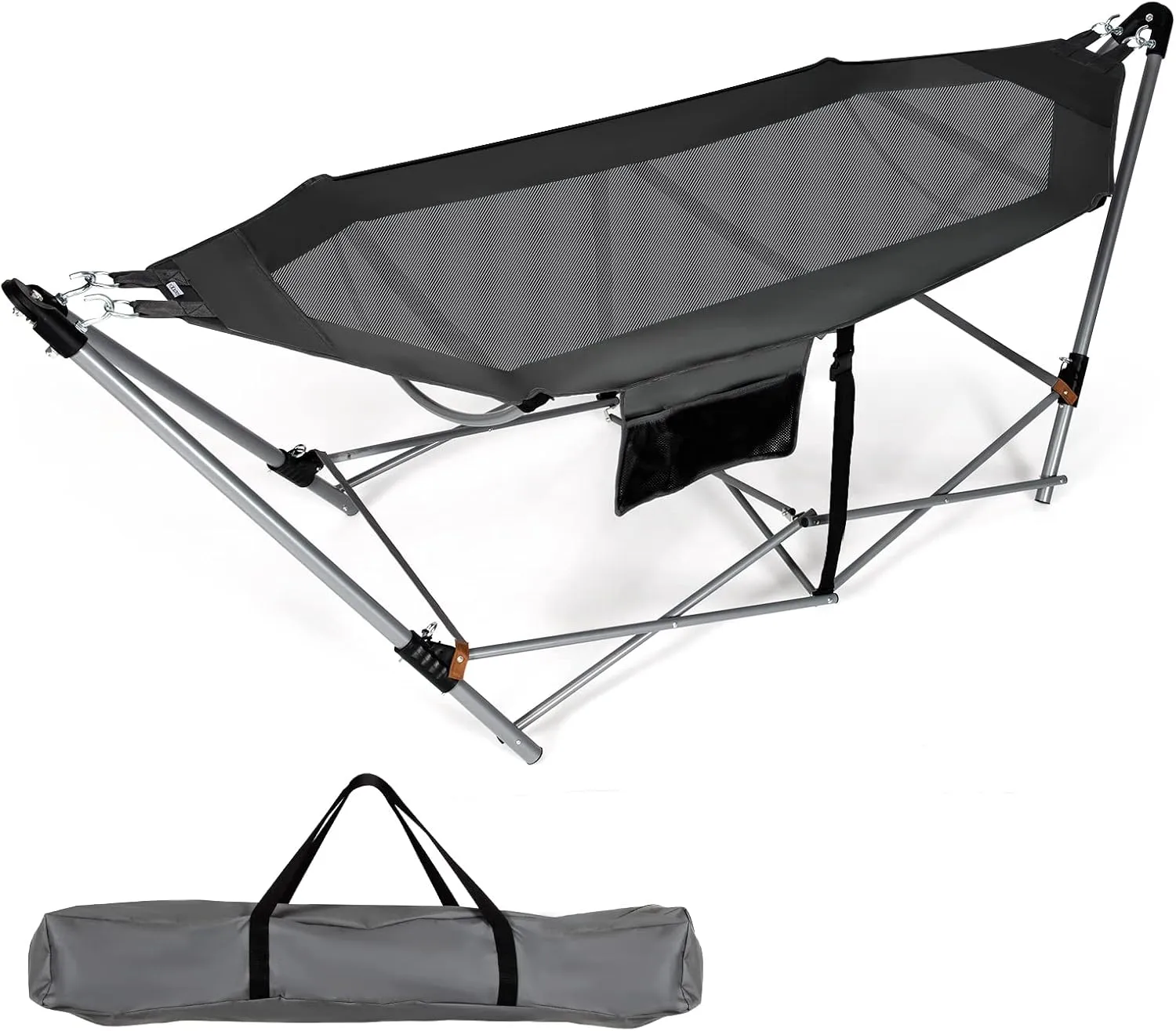 Giantex Portable Folding Hammock, Lounge Camping Bed with Hammock Stand, Indoor & Outdoor Hammocks w/Side Pocket, Anti-tip Buckles & Iron Stand for Camping Outdoor Patio Yard Beach (Grey)