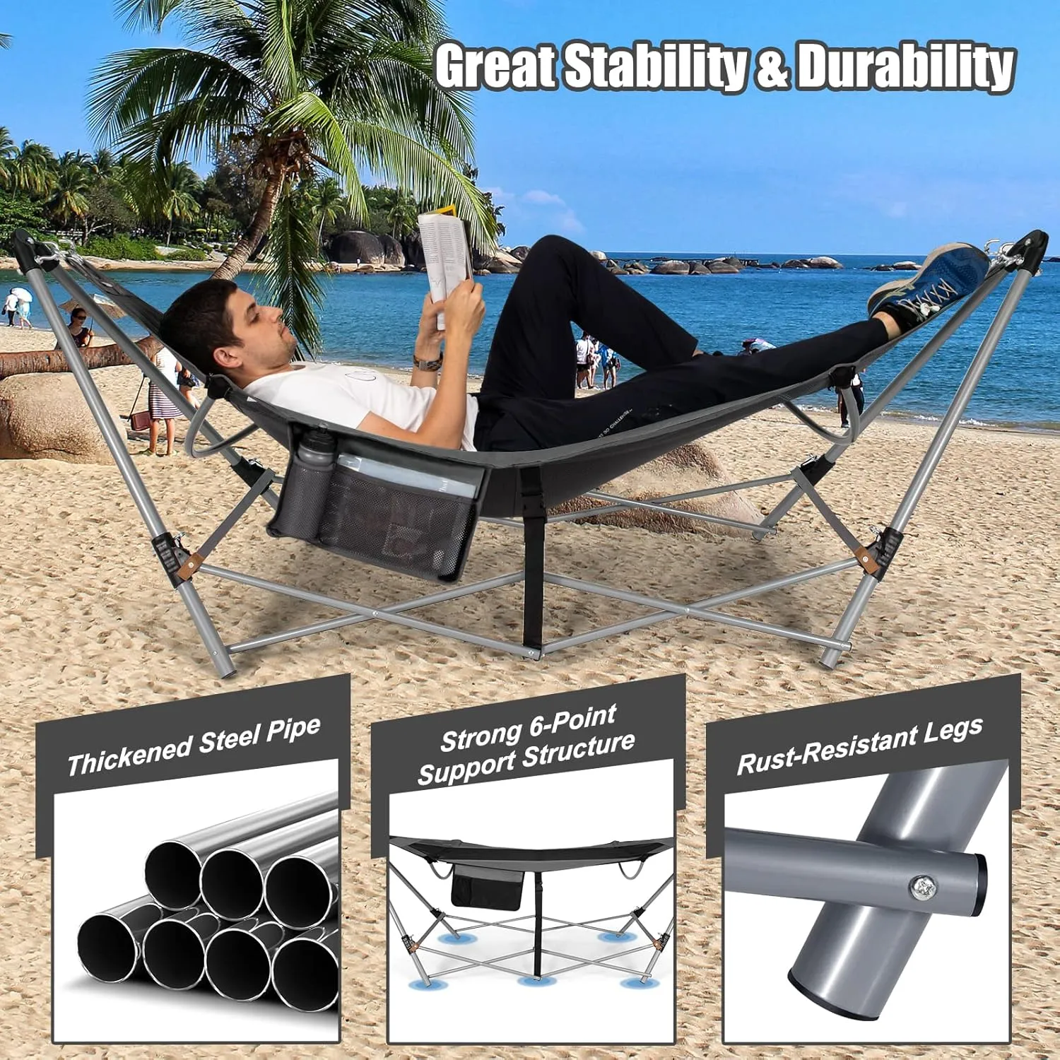 Giantex Portable Folding Hammock, Lounge Camping Bed with Hammock Stand, Indoor & Outdoor Hammocks w/Side Pocket, Anti-tip Buckles & Iron Stand for Camping Outdoor Patio Yard Beach (Grey)