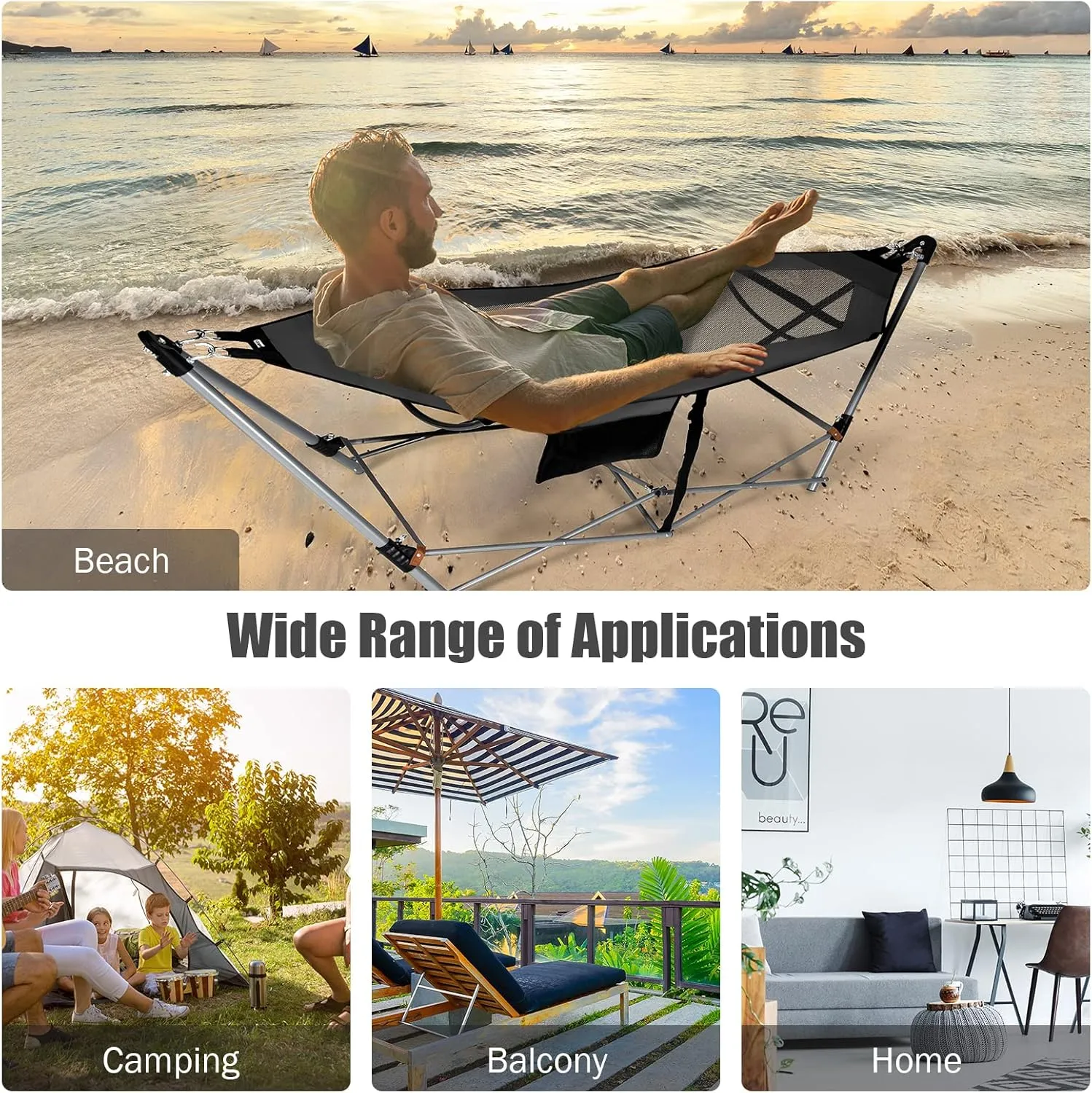 Giantex Portable Folding Hammock, Lounge Camping Bed with Hammock Stand, Indoor & Outdoor Hammocks w/Side Pocket, Anti-tip Buckles & Iron Stand for Camping Outdoor Patio Yard Beach (Grey)