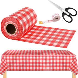 Gingham Plastic Tablecloth Roll Buffalo Checkered Table Cover Waterproof 54 Inch x 197 Feet with Scissors and Tape Measure for Picnic Banquet Birthday Wedding Christmas (Red-White Plaid Style)