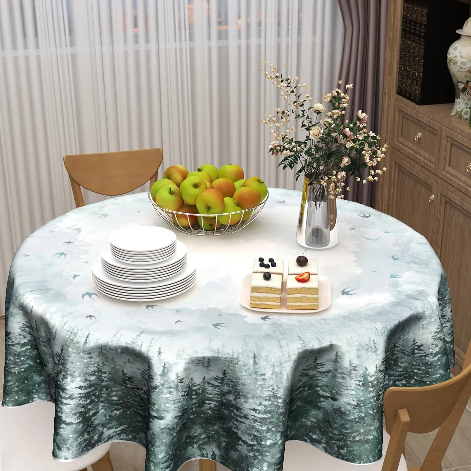 Giwawa Winter Pine Tree Round Tablecloth 60 Inch Nature Forest Decorative Table Cloth Polyester Washable Table Cover for Party Picnic Dinner Home