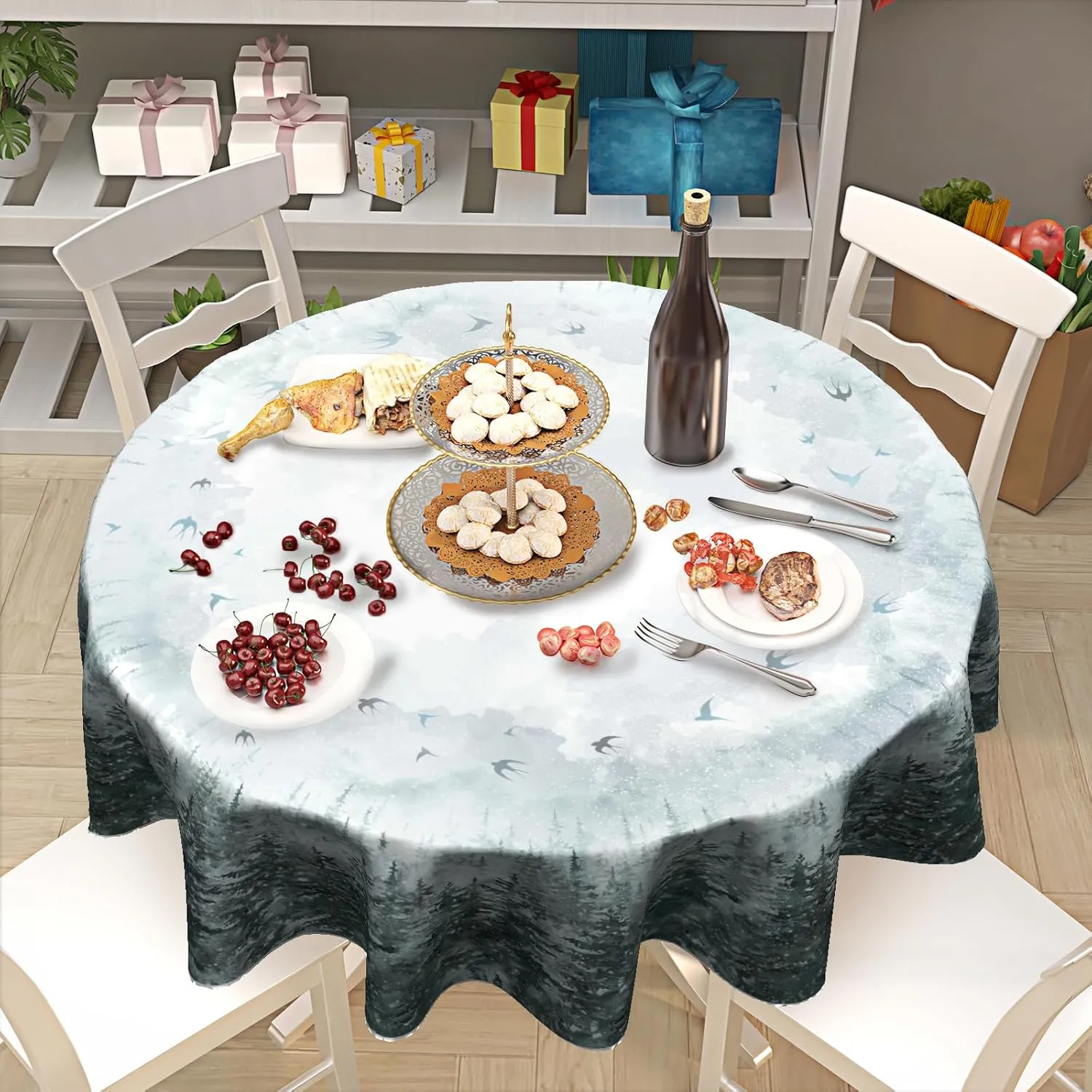 Giwawa Winter Pine Tree Round Tablecloth 60 Inch Nature Forest Decorative Table Cloth Polyester Washable Table Cover for Party Picnic Dinner Home
