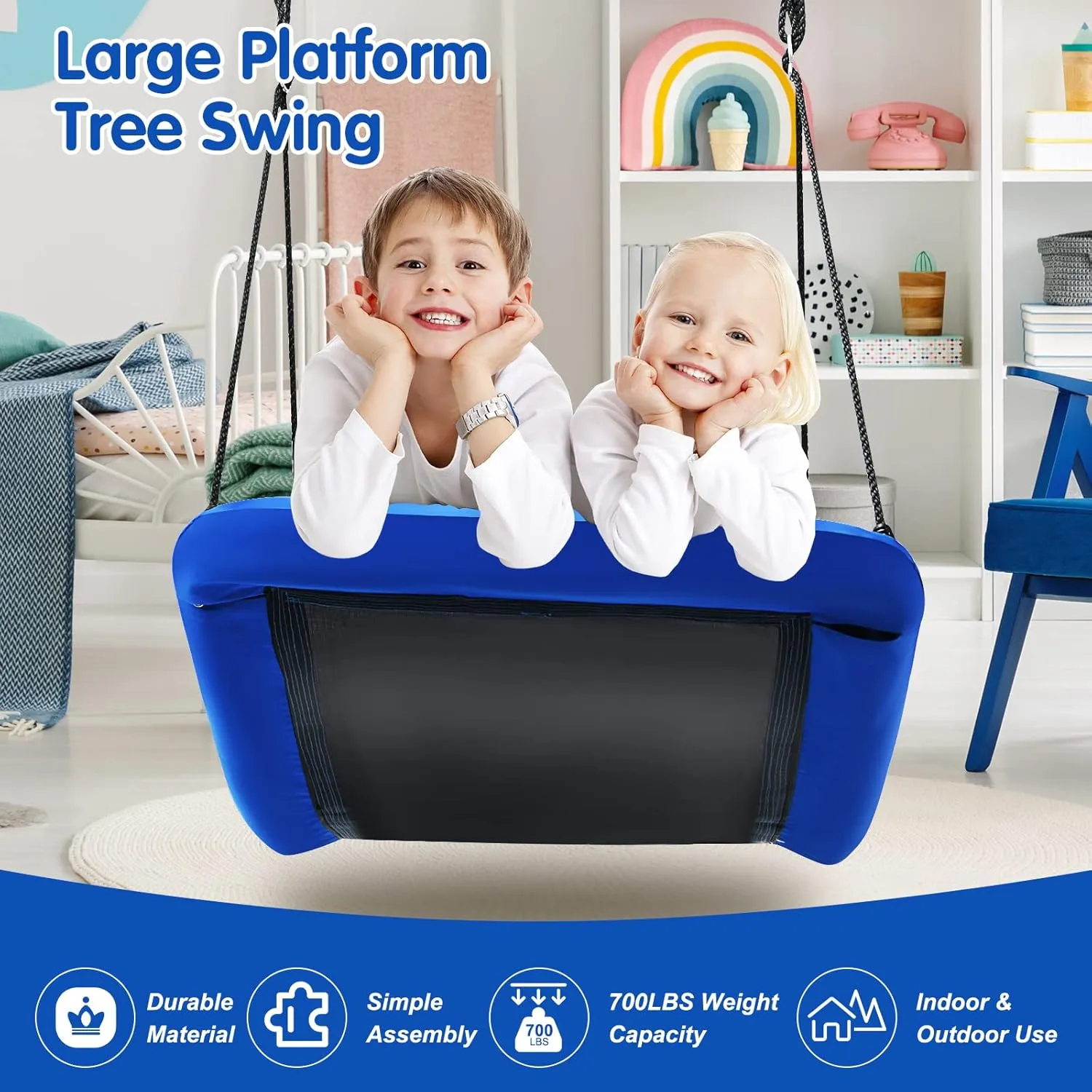 GLACER 700 lbs 60'' Platform Tree Swing for Kids and Adult, Adjustable Heavy Duty Large Rectangle Swing Seat with Hanging Ropes, Easy Setup, Flat Swingset for Indoor Outdoor Backyard (Blue)