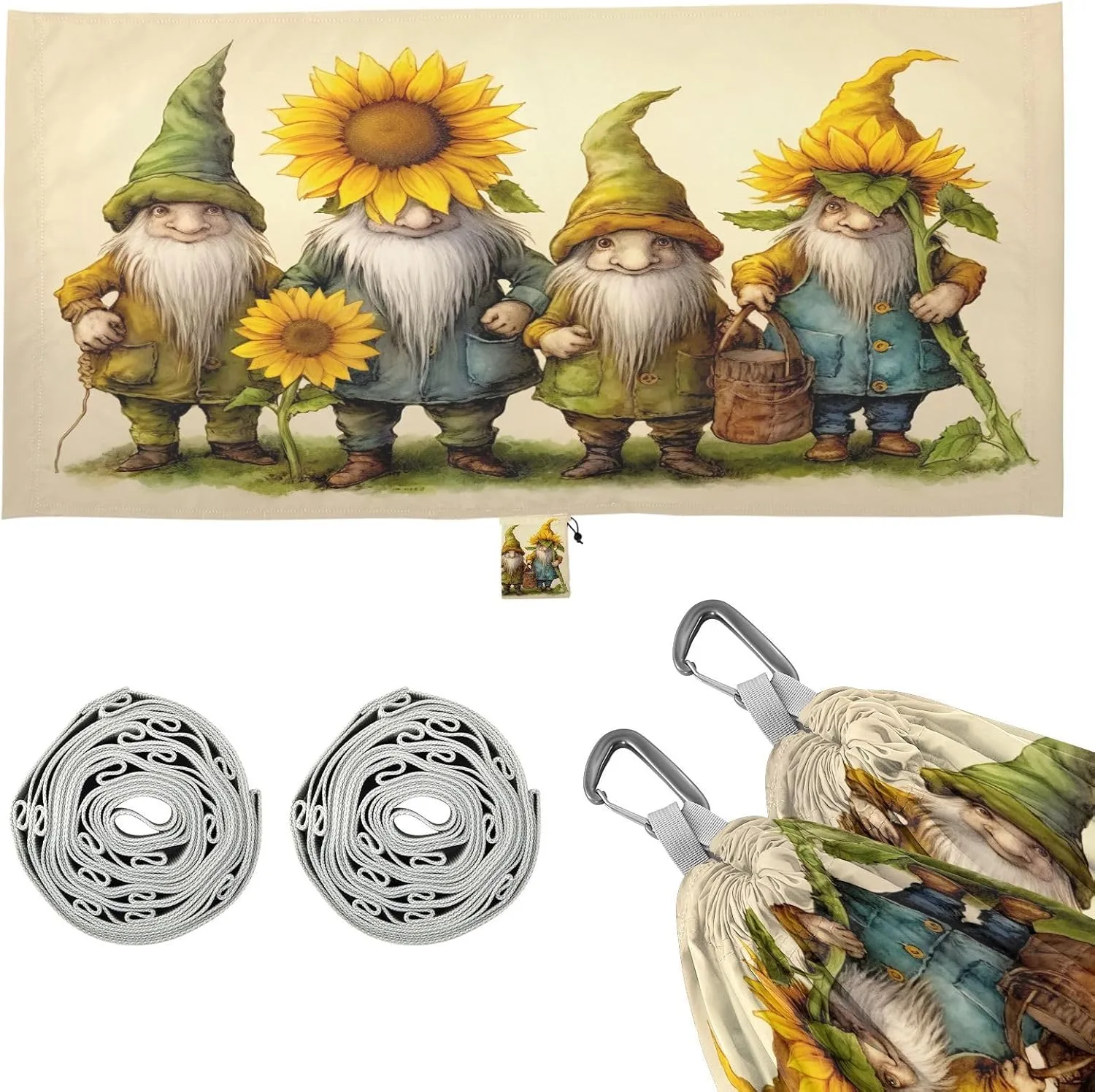 Gnomes with Sunflowers Camping Hammock, 330 lbs with 2 Tree Straps, Carry Bag, Single Portable Hammock for Outdoor/Indoor, Hiking, Beach, Backpacking, Travel