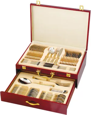Gold Flatware Serving Set, "Greek Medusa" 75-Piece Dining Service for 12, 18/10 Premium Surgical Stainless Steel, 24K Gold-Plated Trim, Silverware Cutlery Hostess Set, Wood Storage Case (Greek)
