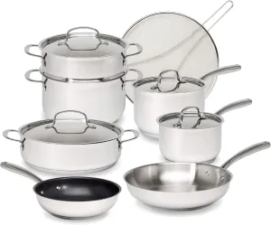 Goodful 12-Piece Classic Stainless Steel Cookware Set with Tri-Ply Base for Even Heating, Durable, Impact Bonded Pots and Pans, Dishwasher Safe Includes Non Stick Frying Pan, Chrome