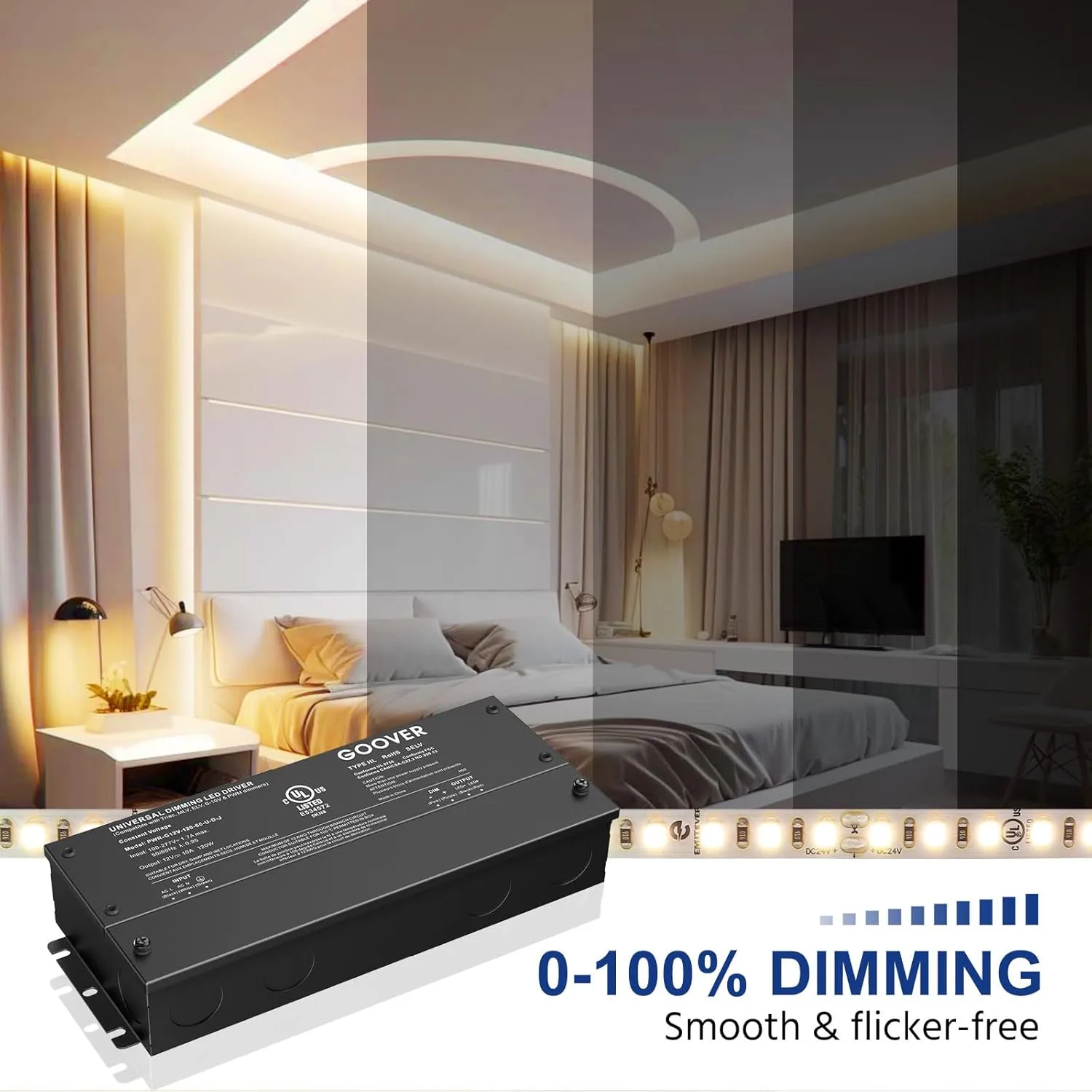 GOOVER 120W Dimmable LED Driver, 12V Triac Dimmable Power Supply, AC to DC Transformer for LED Light, Compatible with Lutron and Leviton Dimmer, Waterproof IP67 and UL Listed
