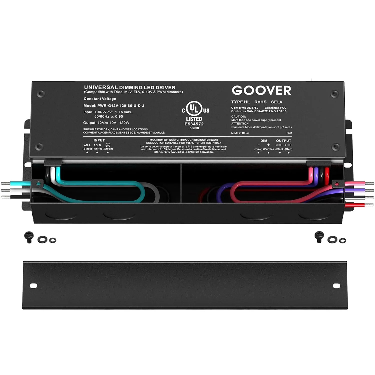 GOOVER 120W Dimmable LED Driver, 12V Triac Dimmable Power Supply, AC to DC Transformer for LED Light, Compatible with Lutron and Leviton Dimmer, Waterproof IP67 and UL Listed